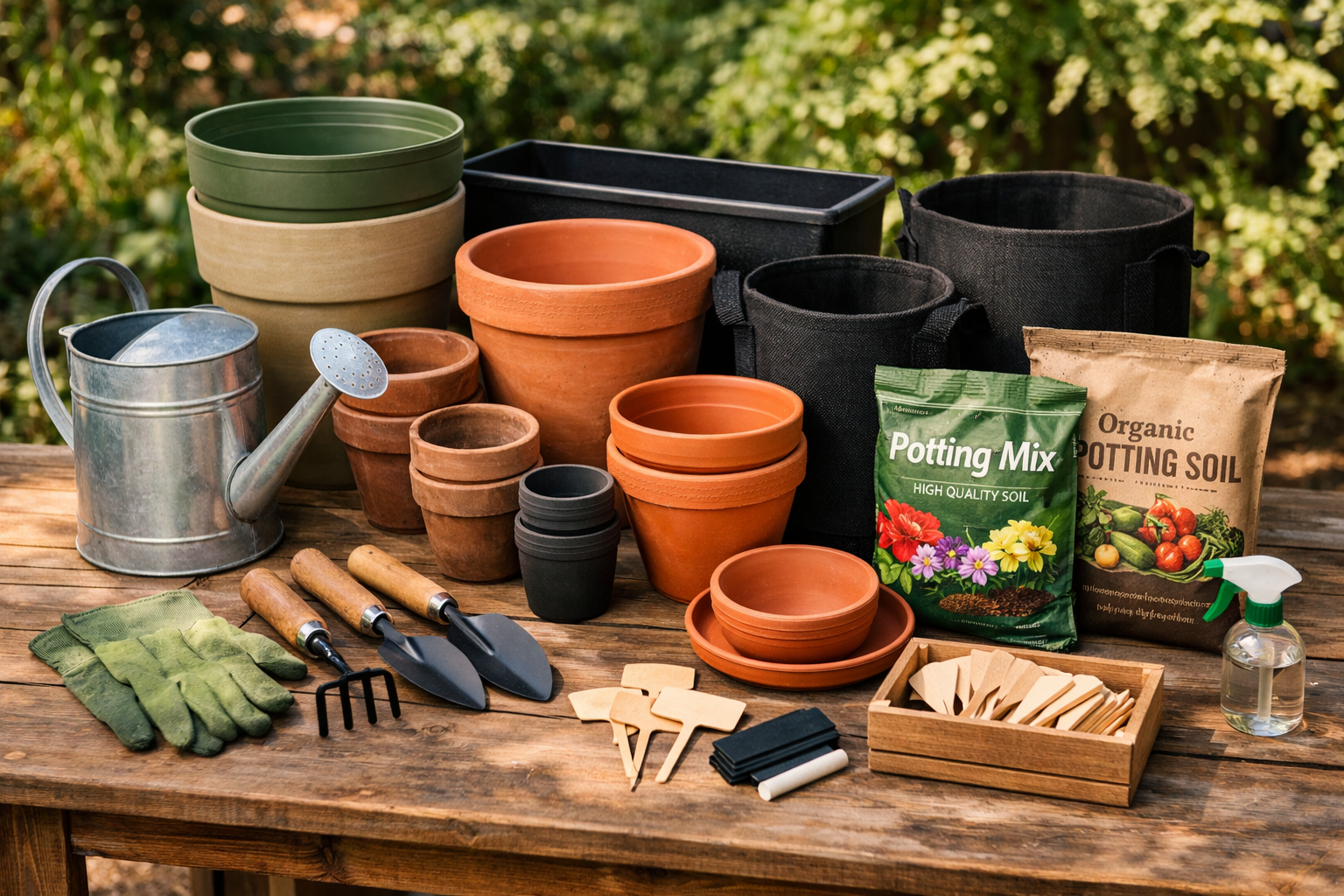 All images should be as if taken with an SLR camera. Detailed landscape format (1536x1024) image showing diverse collection of container gar