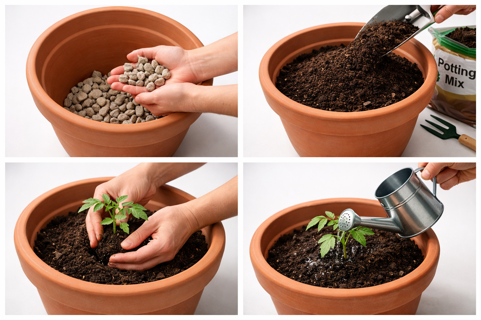 All images should be as if taken with an SLR camera. Professional landscape format (1536x1024) image displaying step-by-step container garde