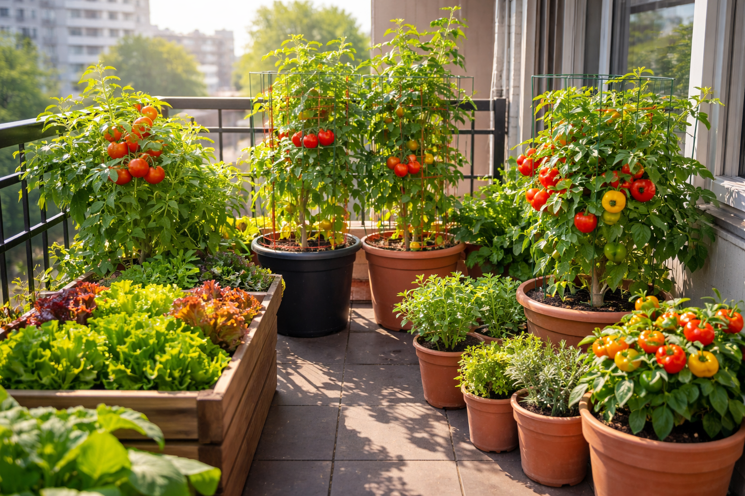 All images should be as if taken with an SLR camera. Vibrant landscape format (1536x1024) image showcasing thriving container vegetable gard