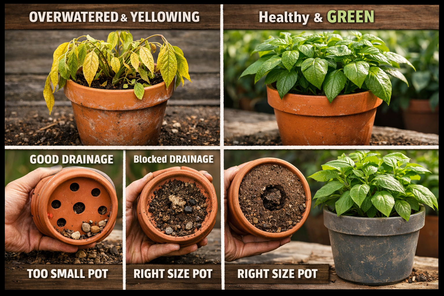 All images should be as if taken with an SLR camera. Professional landscape format (1536x1024) image showing common container gardening prob