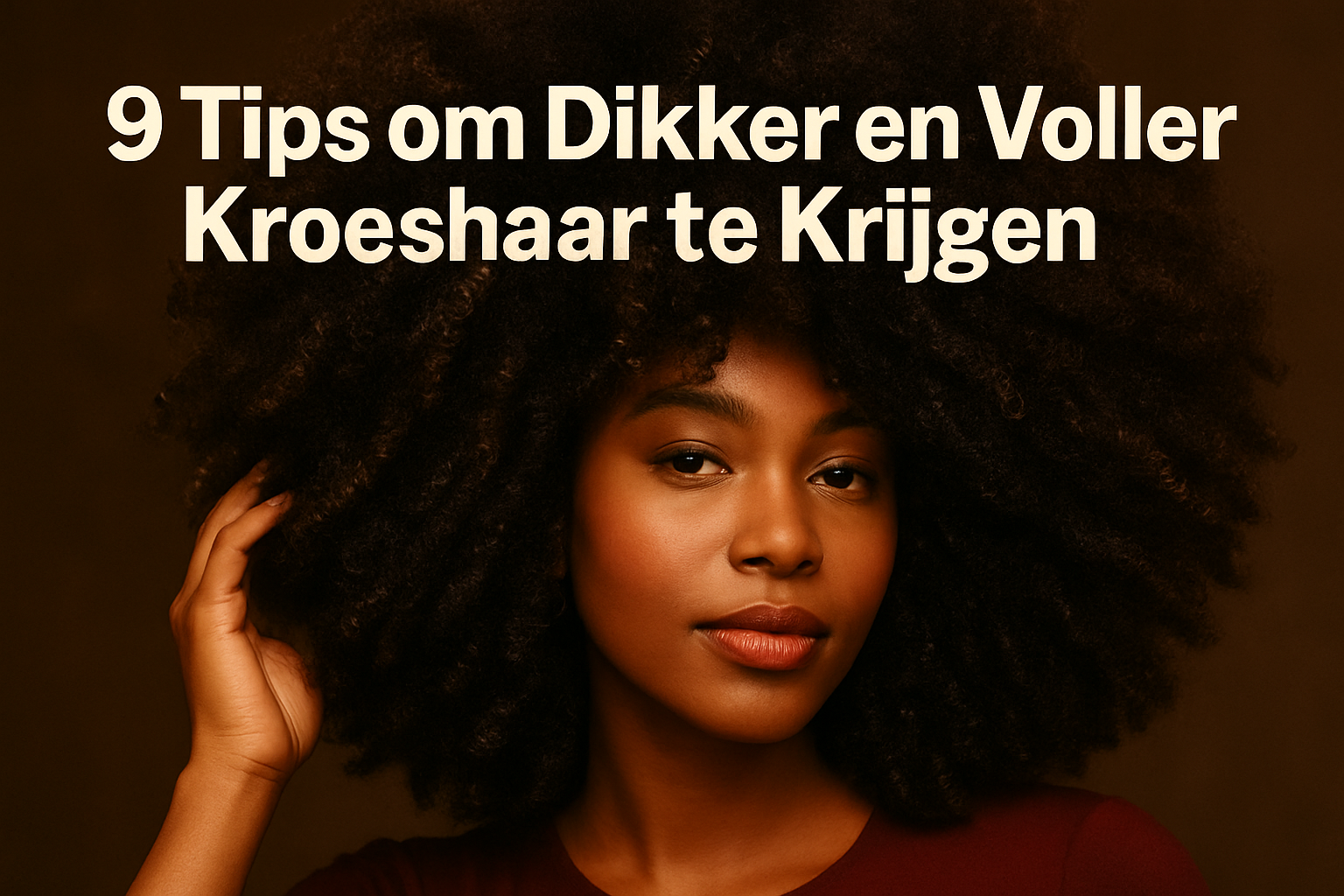 9 Tips om Dikker en Voller Kroeshaar te Krijgen: Jouw Complete Gids voor Volumineus Haar 1 Professional landscape hero image (1536x1024) featuring bold text overlay '9 Tips om Dikker en Voller Kroeshaar te Krijgen' in extra large 7