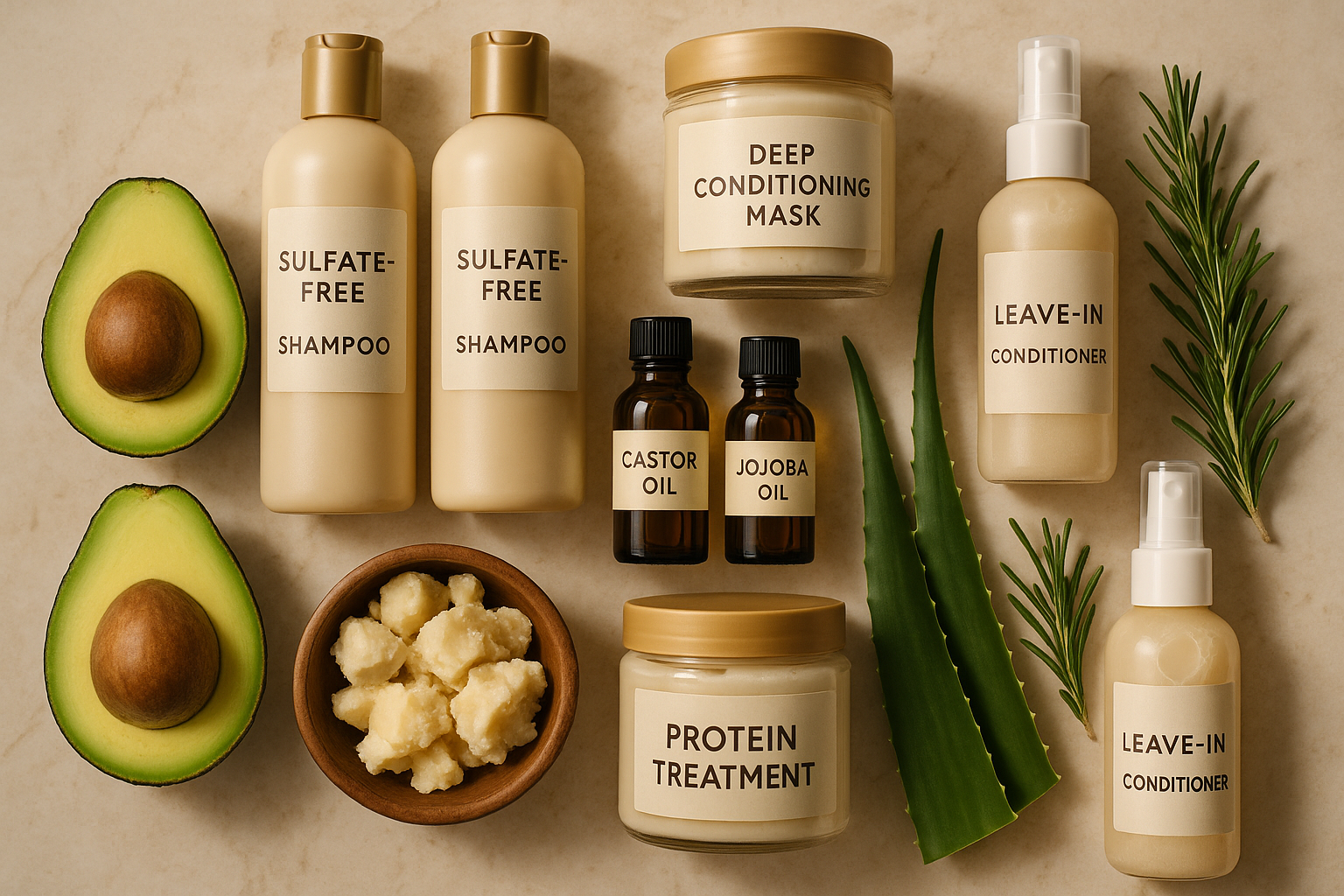 9 Tips om Dikker en Voller Kroeshaar te Krijgen: Jouw Complete Gids voor Volumineus Haar 2 Detailed landscape image (1536x1024) showing natural hair care products arranged aesthetically on marble surface: sulfate-free shampoo bottl