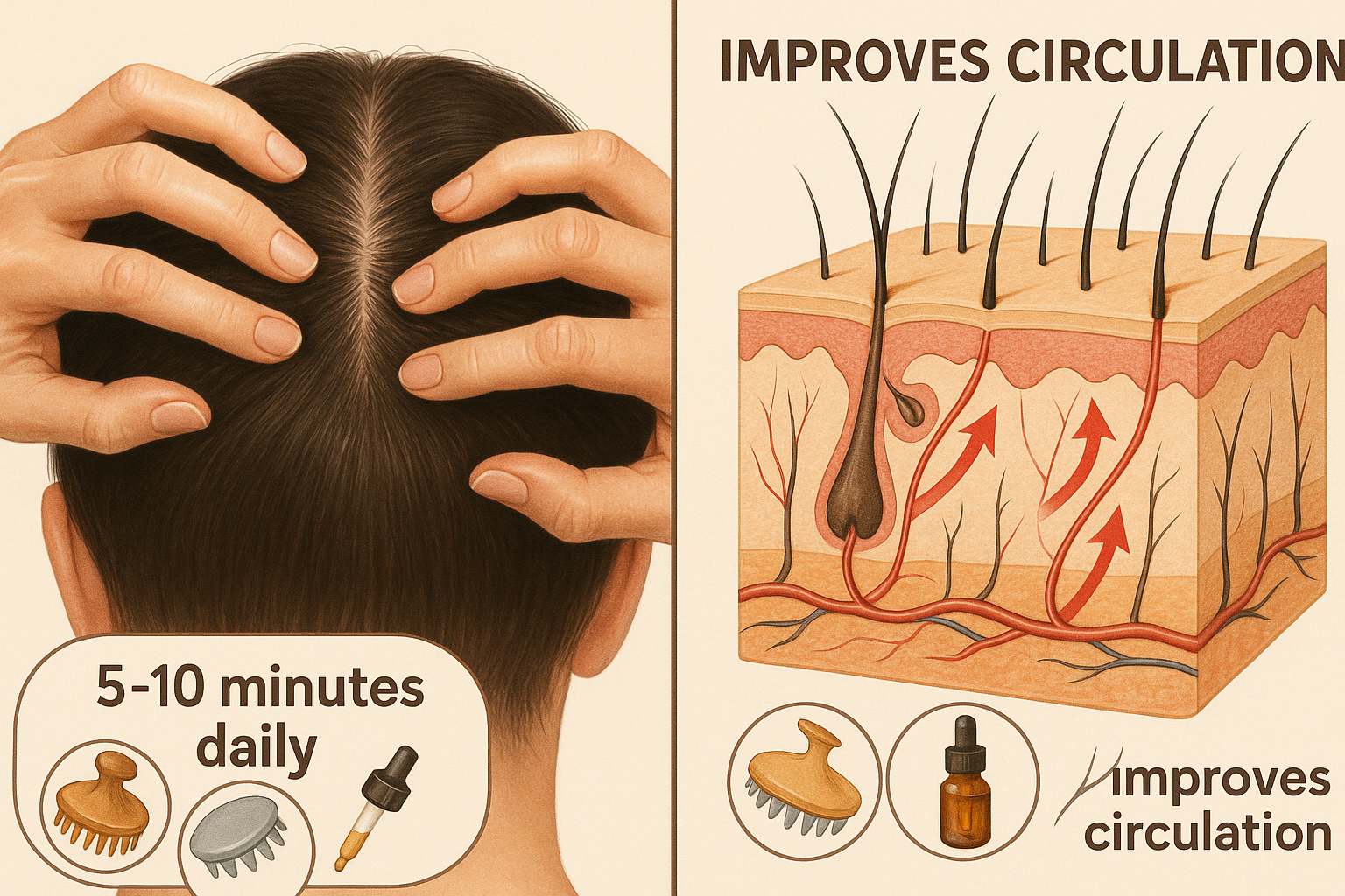 9 Tips om Dikker en Voller Kroeshaar te Krijgen: Jouw Complete Gids voor Volumineus Haar 3 Detailed landscape image (1536x1024) illustrating scalp massage technique with split-screen composition: left side shows close-up of hands p