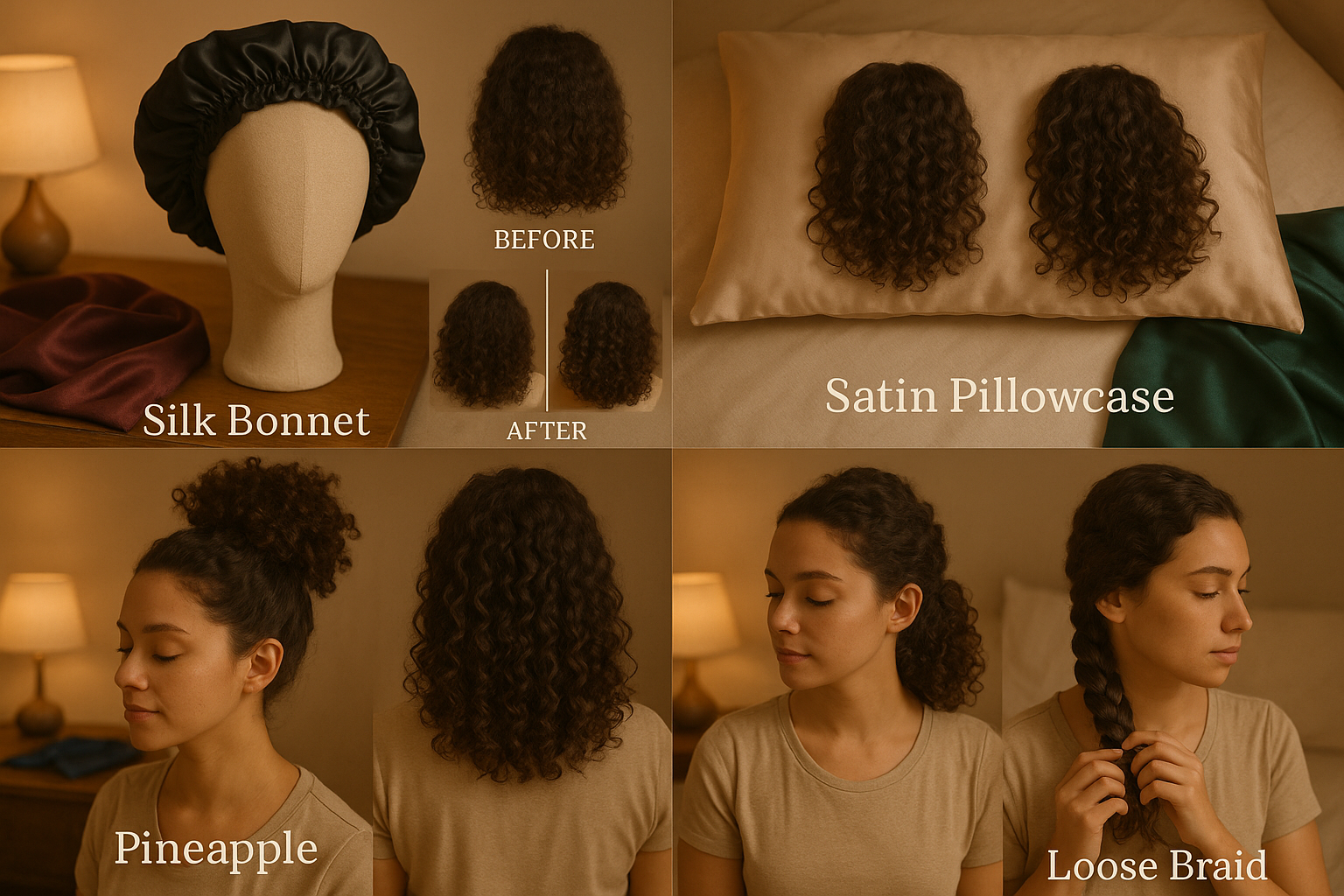 9 Tips om Dikker en Voller Kroeshaar te Krijgen: Jouw Complete Gids voor Volumineus Haar 4 Detailed landscape image (1536x1024) showing protective hairstyling methods for curly hair in grid layout format: top left quadrant displays