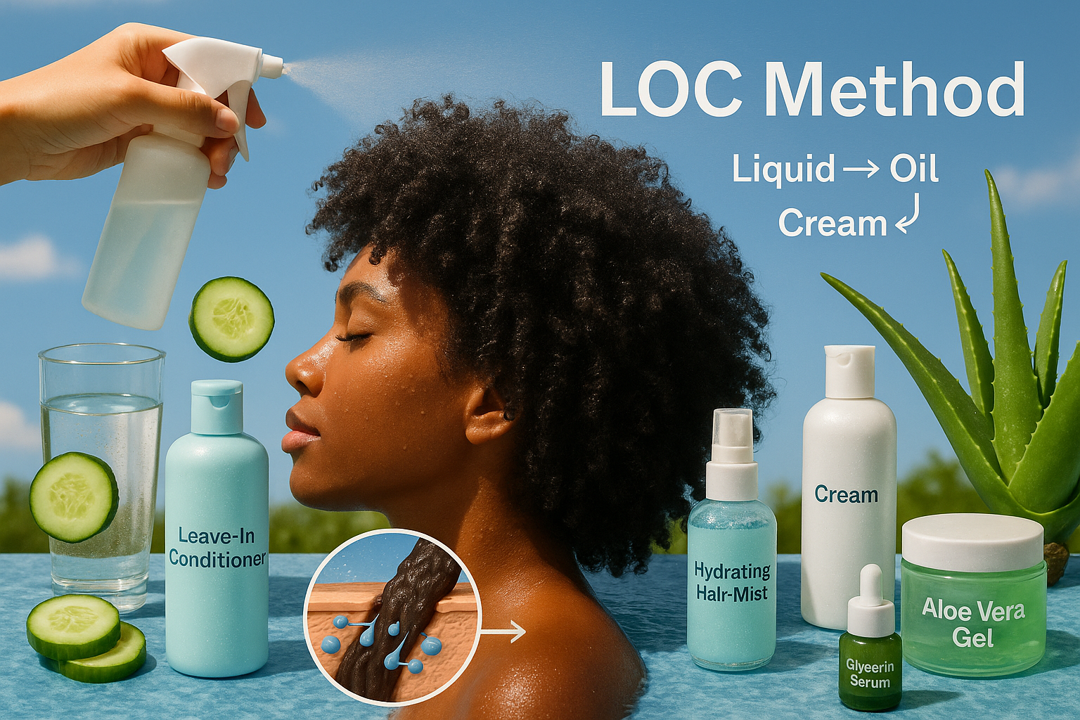 9 Tips om Dikker en Voller Kroeshaar te Krijgen: Jouw Complete Gids voor Volumineus Haar 5 Detailed landscape image (1536x1024) depicting hydration and moisture retention concept for curly hair: center shows spray bottle misting wa