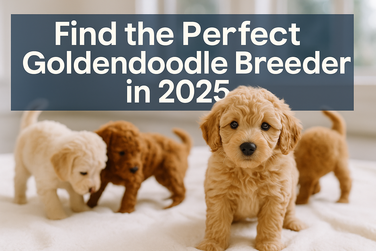 Professional landscape hero image (1536x1024) featuring bold text overlay 'Find the Perfect Goldendoodle Breeder in 2025' in extra large 72p
