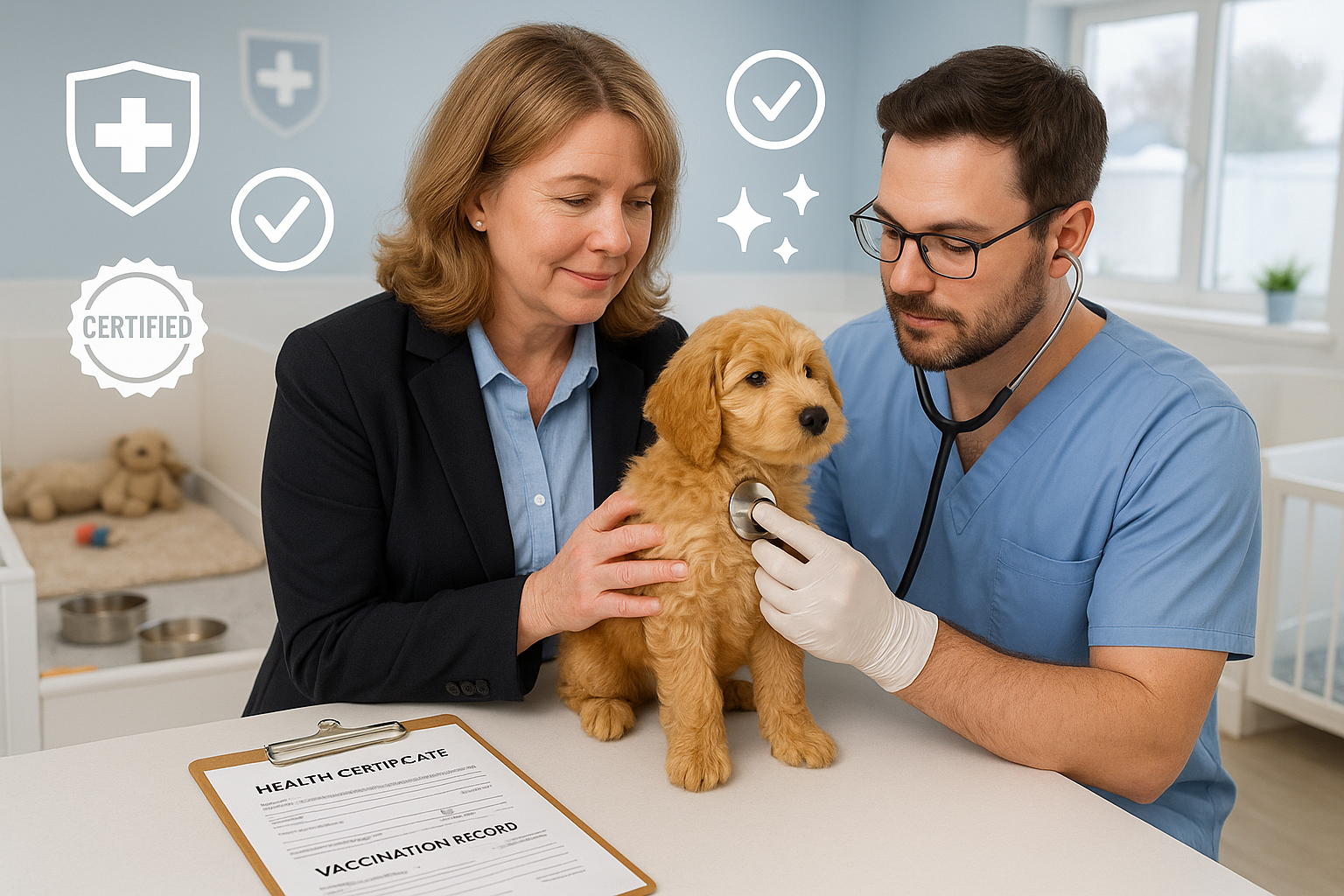 Landscape editorial image (1536x1024) showing professional goldendoodle breeder in clean, modern facility examining healthy toy goldendoodle
