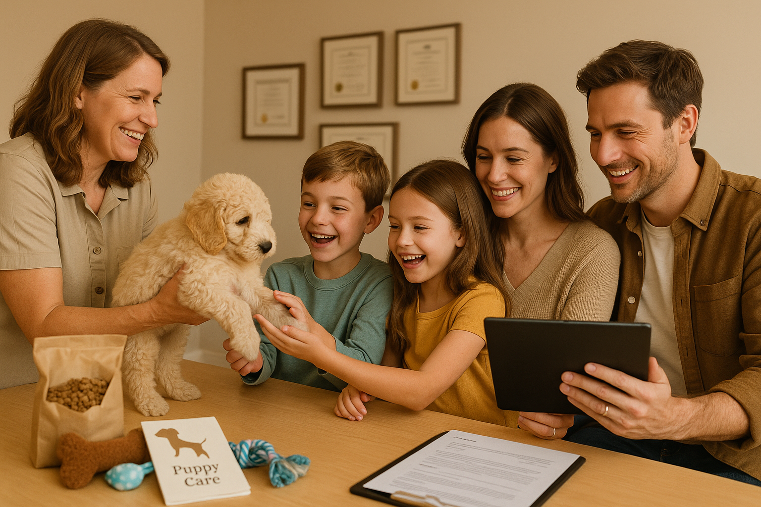 Landscape editorial image (1536x1024) showing happy family (parents and two children) meeting their new toy goldendoodle puppy for first tim
