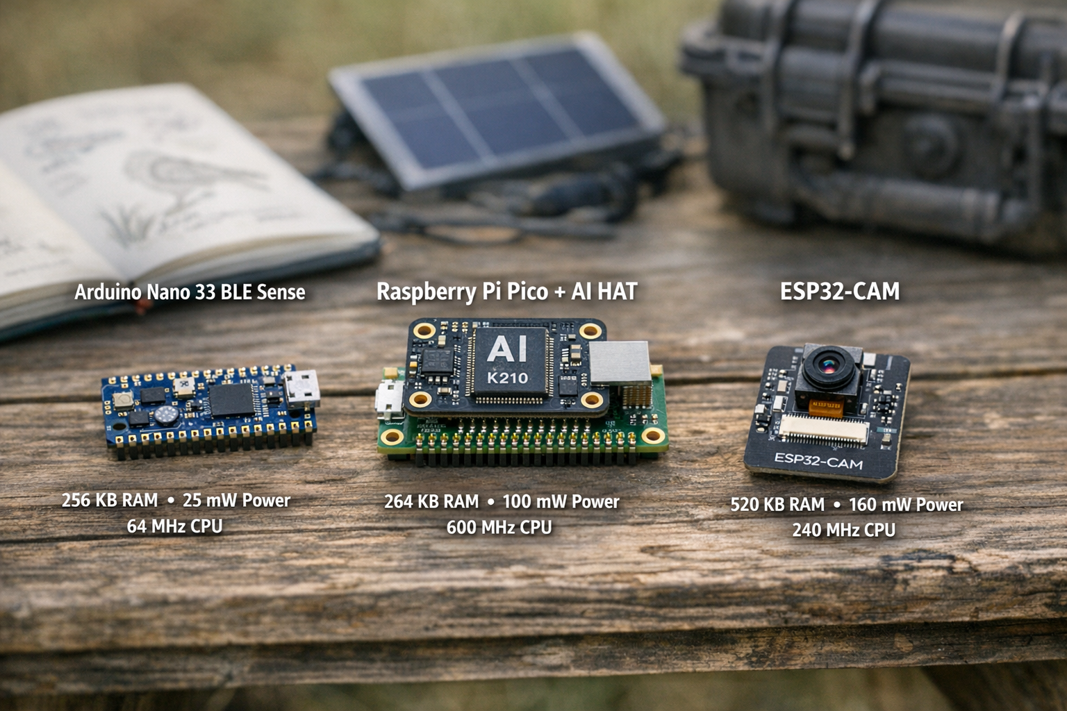 Landscape format (1536x1024) editorial image showing detailed comparison of three TinyML hardware platforms side-by-side on weathered wooden