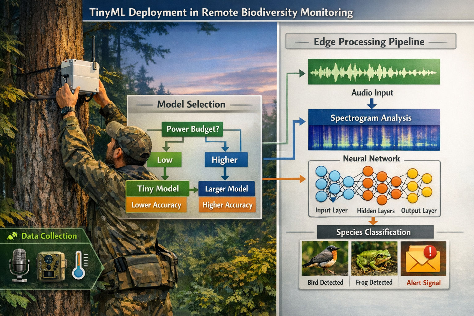 Landscape format (1536x1024) infographic-style image depicting TinyML deployment workflow in remote biodiversity monitoring. Split-screen co