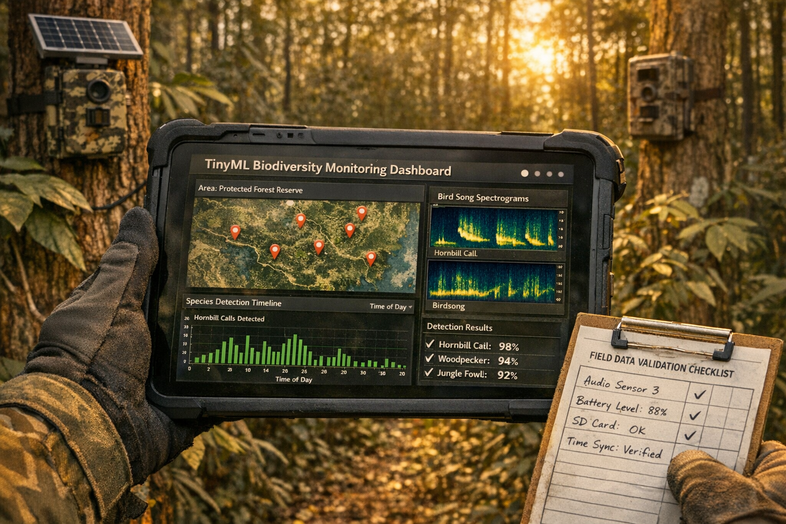 Landscape format (1536x1024) detailed scene showing real-world TinyML biodiversity monitoring results dashboard on ruggedized tablet screen