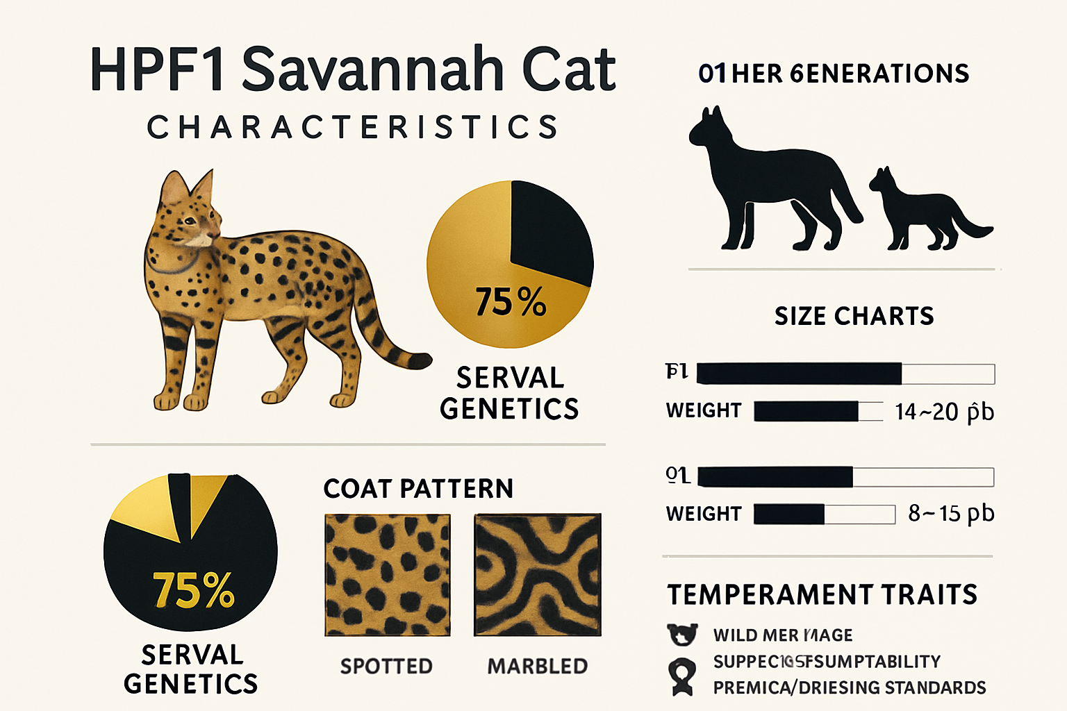 Detailed infographic showing HPf1 Savannah cat characteristics with side-by-side comparison of F1 vs other generations, featuring percentage