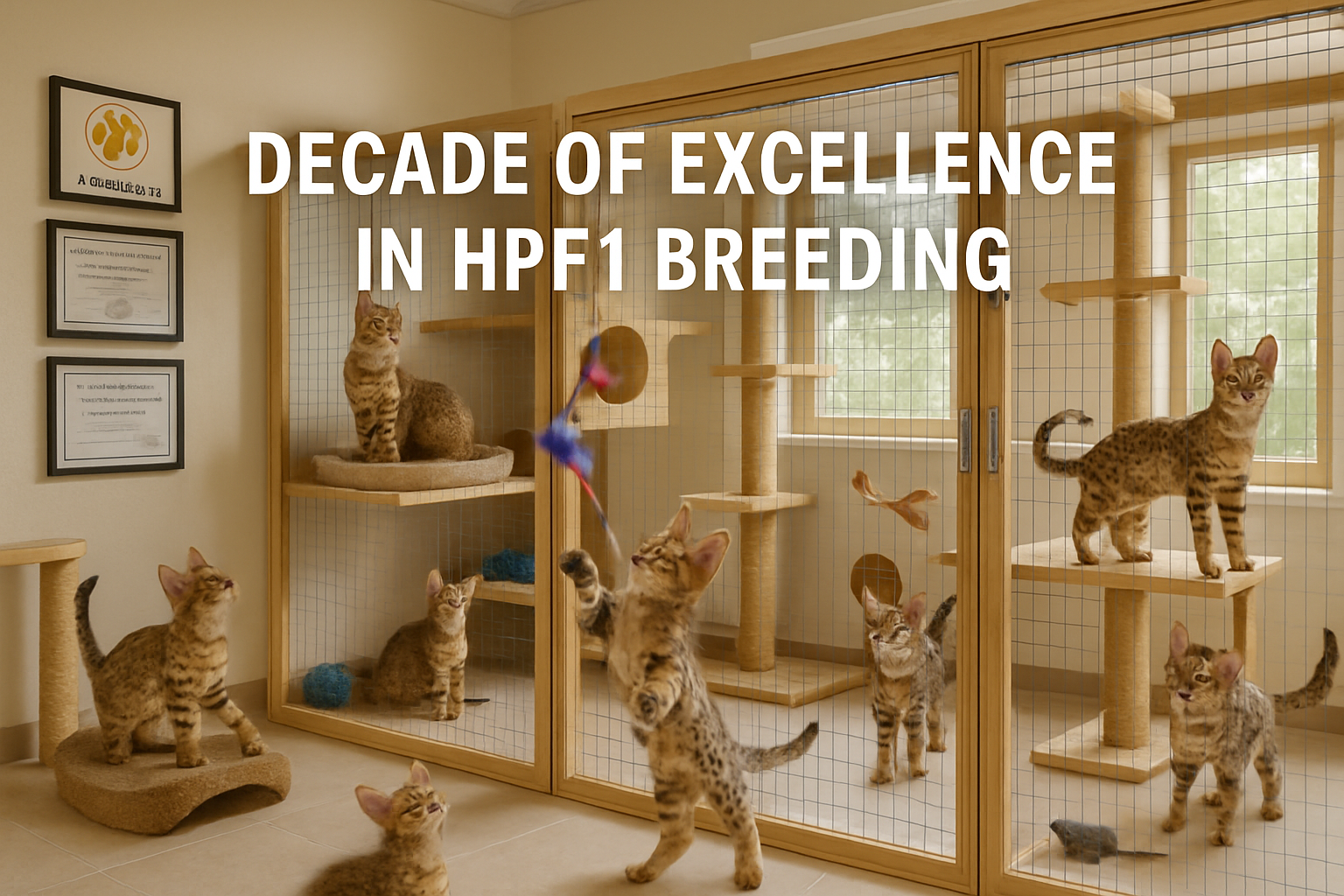 Professional breeding facility interior showing spacious, clean cattery environment with HPf1 Savannah cats in large enclosures, natural lig