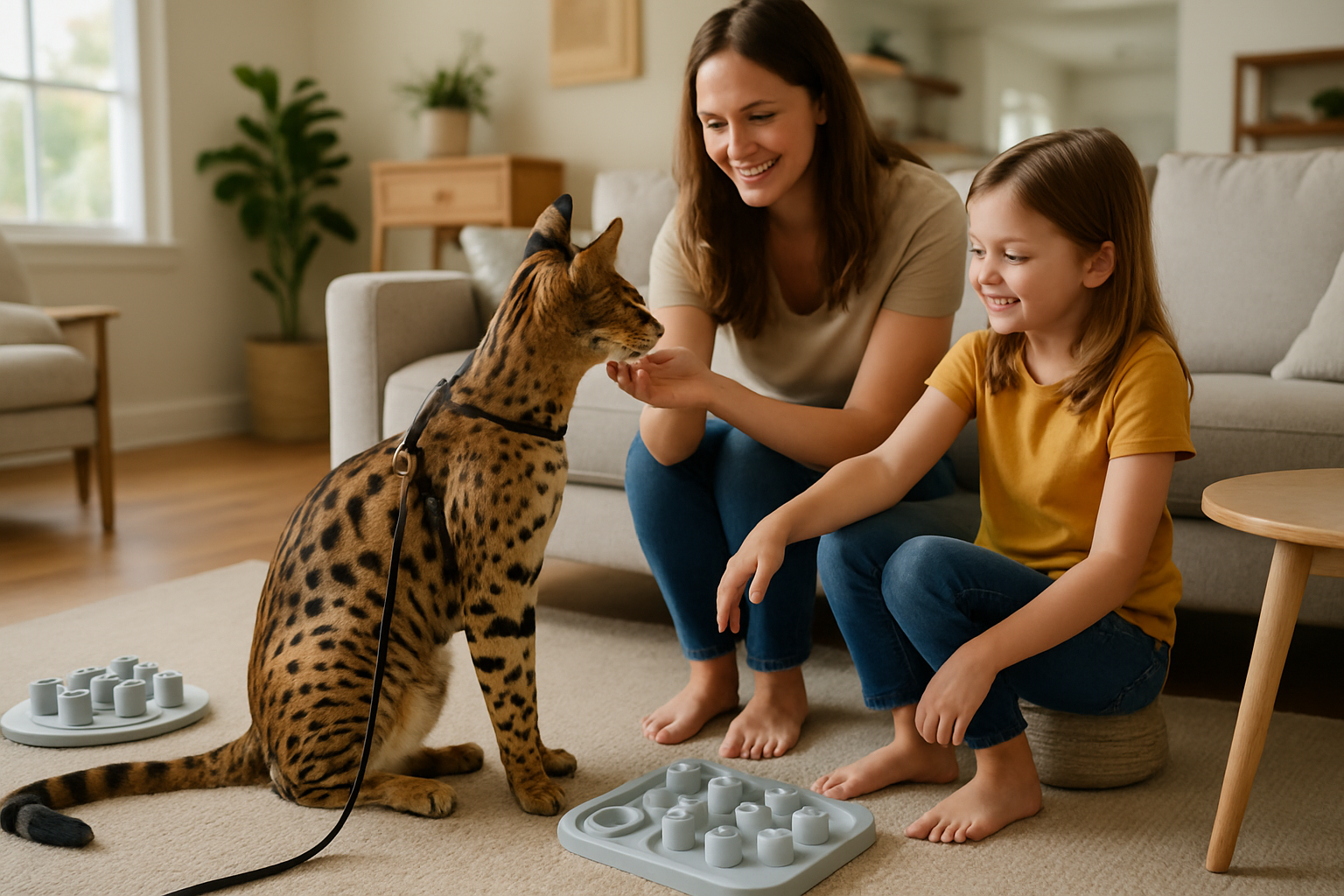 Lifestyle photograph of HPf1 Savannah cat integrated into modern family home, showing the cat's impressive size next to furniture for scale,