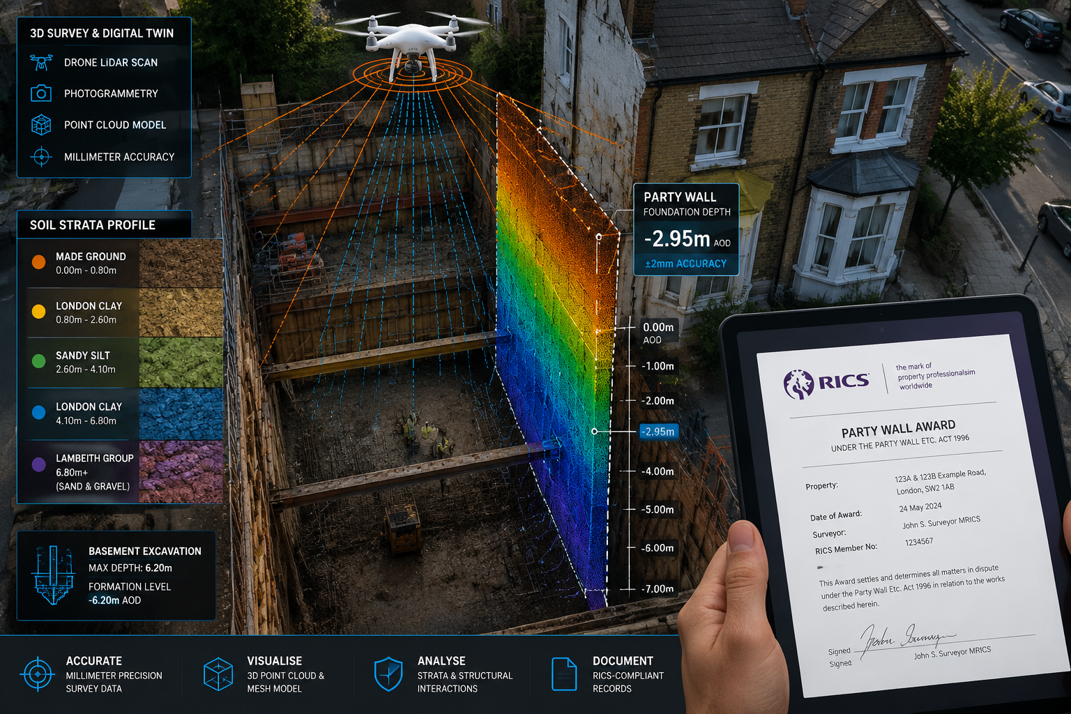 Detailed () infographic-style image showing a drone's-eye-view of a deep basement excavation project next to a semi-detached