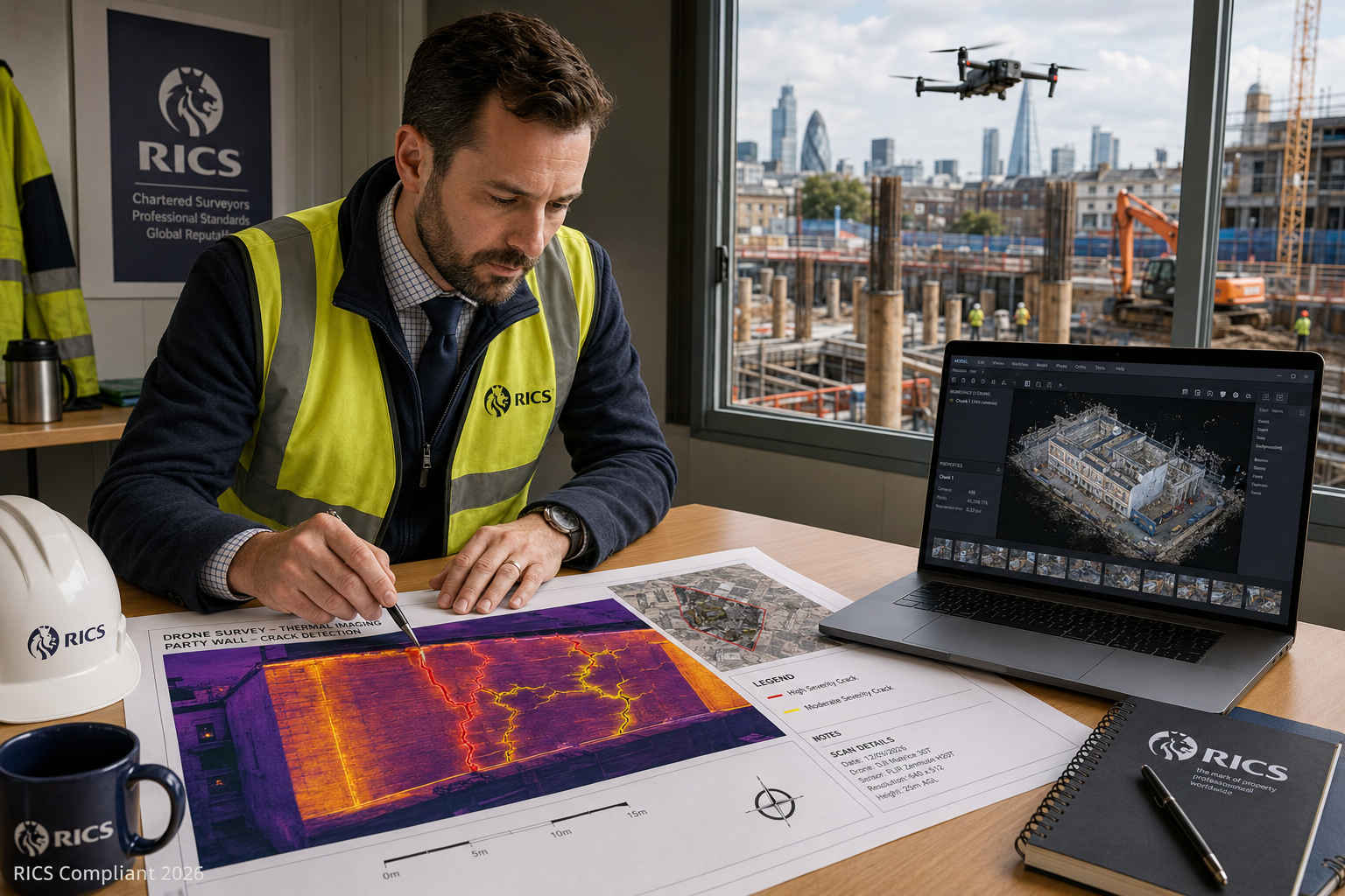 Detailed () close-up scene of a RICS chartered surveyor in professional attire reviewing a large-format printed drone survey