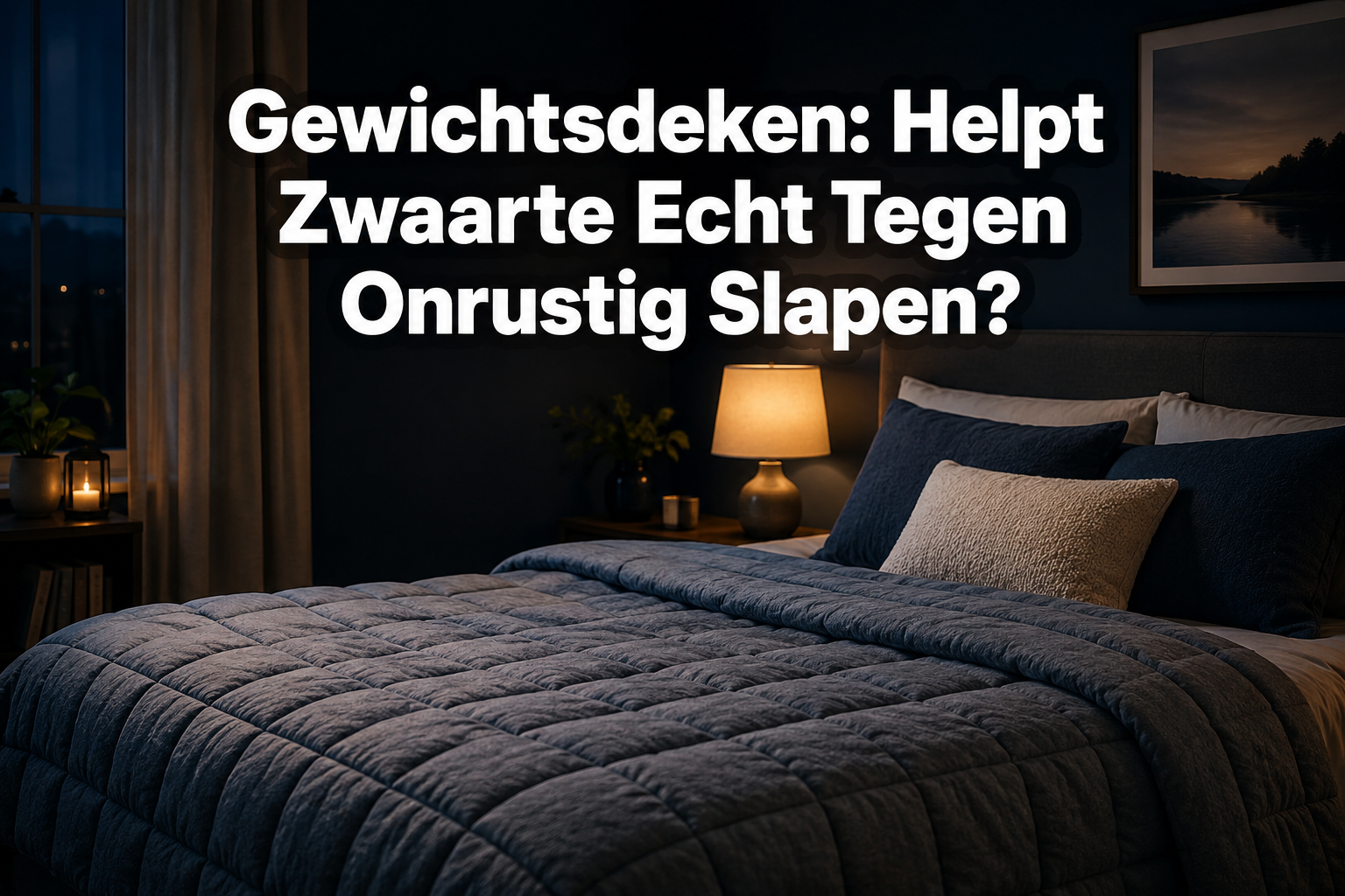Professional () hero image with Dutch 'Gewichtsdeken: Helpt Zwaarte Echt Tegen Onrustig Slapen?' in extra large white with