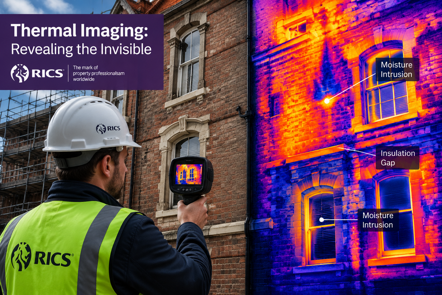 Wide-angle editorial illustration () showing a building surveyor in a hard hat holding a thermal imaging camera pointed at a