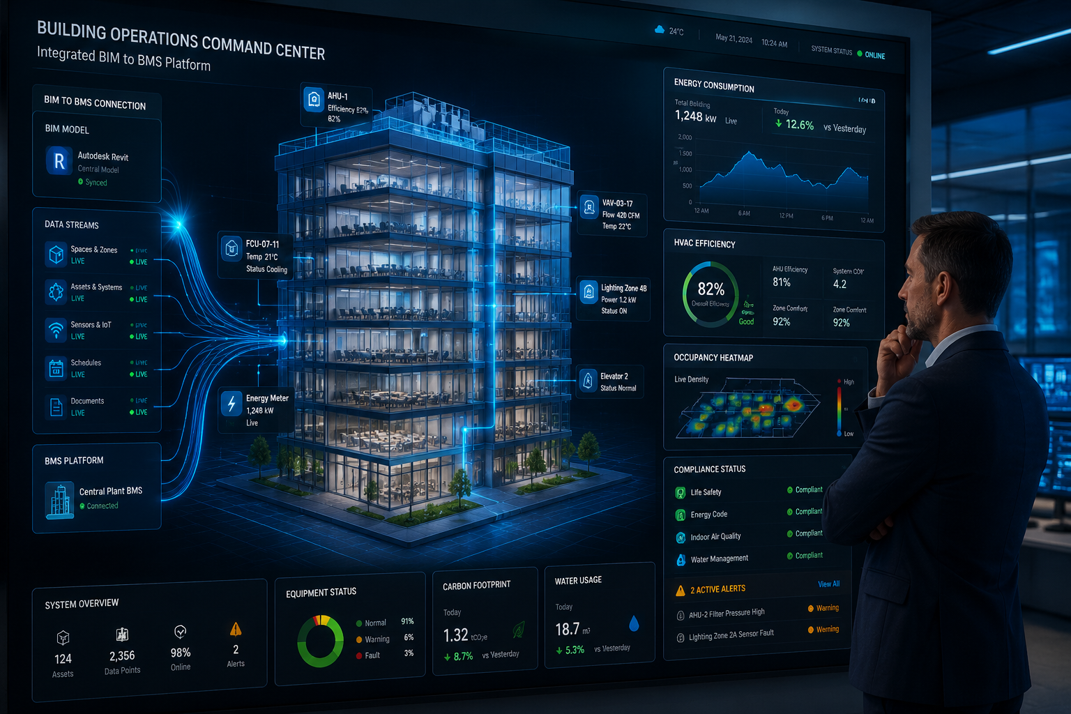 Detailed editorial infographic-style landscape image () showing a large touchscreen display in a modern building management