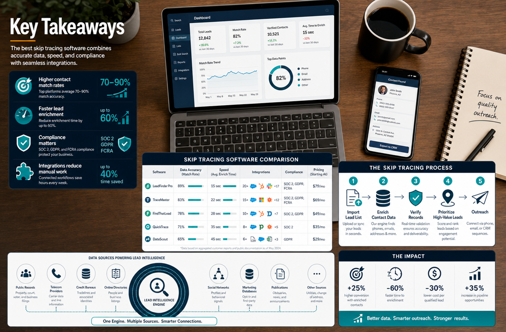 Professional infographic for article "Best Software for Skip Tracing: Find Leads Your Competition Can't", section: "Key