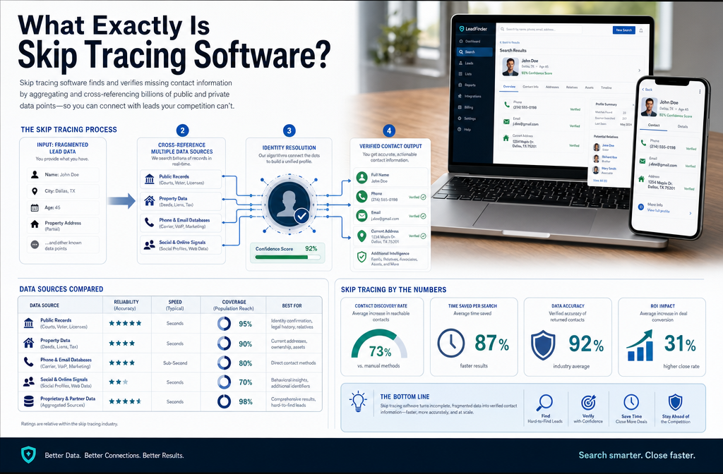 Professional infographic for article "Best Software for Skip Tracing: Find Leads Your Competition Can't", section: "What