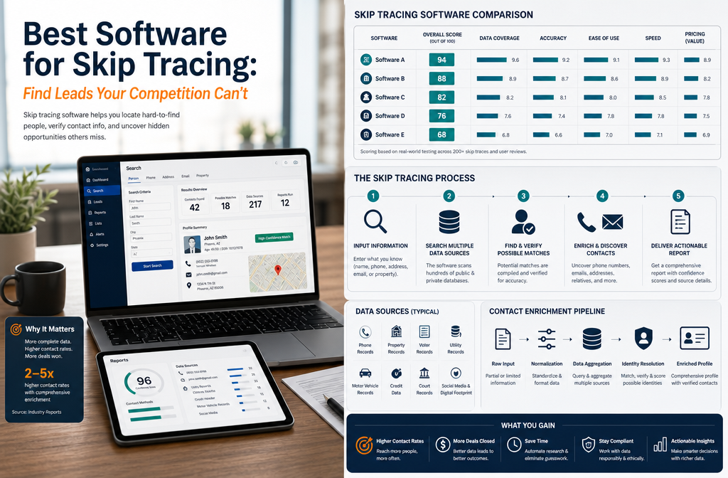 Professional infographic for article "Best Software for Skip Tracing: Find Leads Your Competition Can't", section: "Best