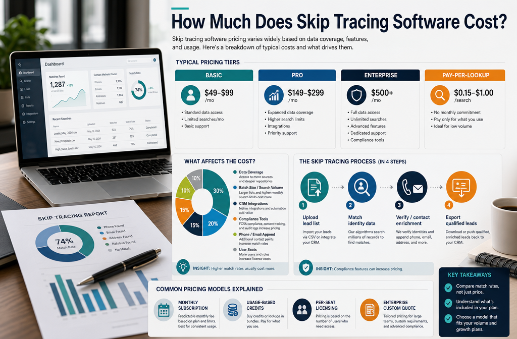 Professional infographic for article "Best Software for Skip Tracing: Find Leads Your Competition Can't", section: "How Much