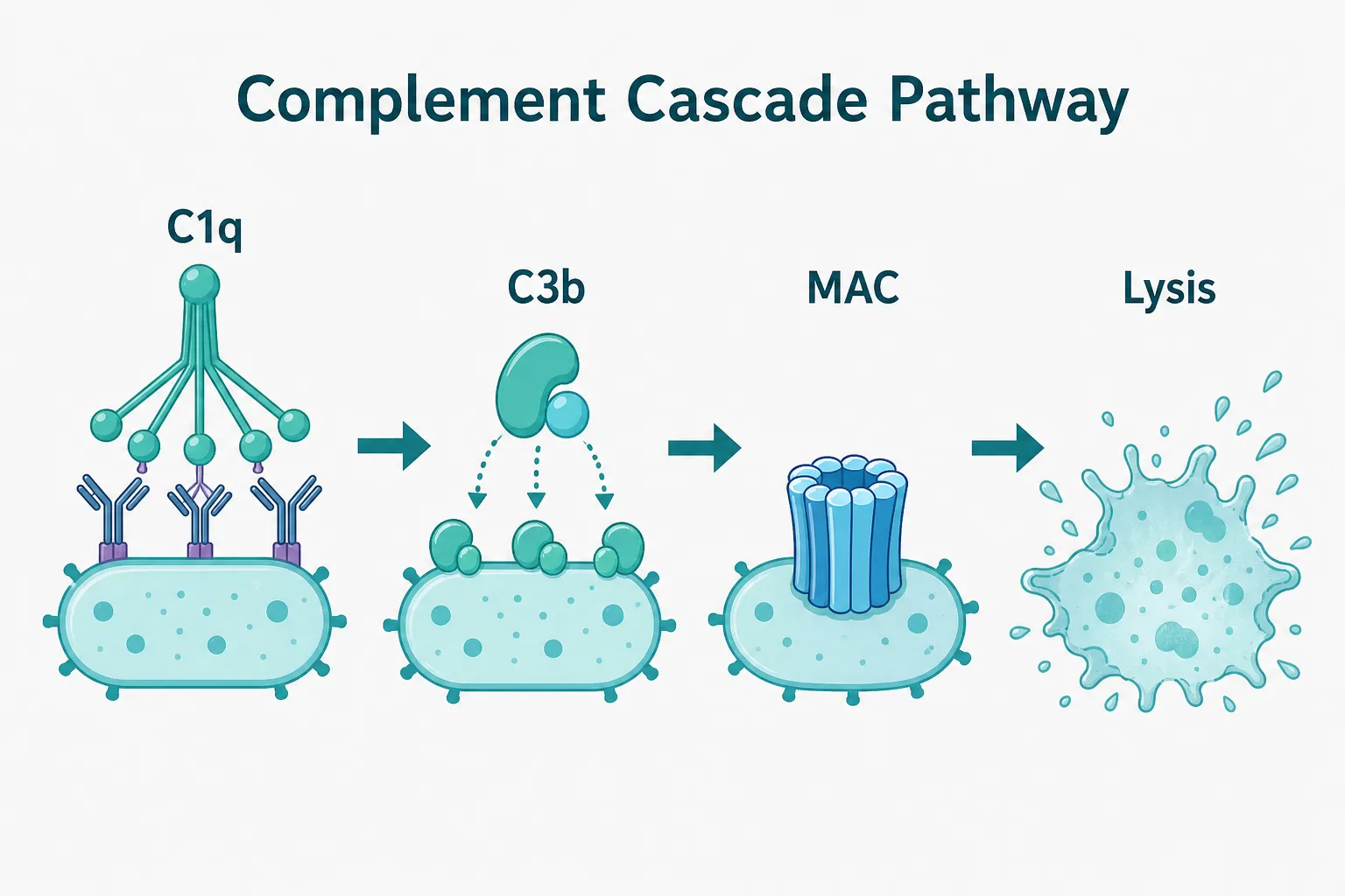 Bright scientific infographic illustration (): labeled diagram showing the complement cascade pathway — C1q binding, MAC