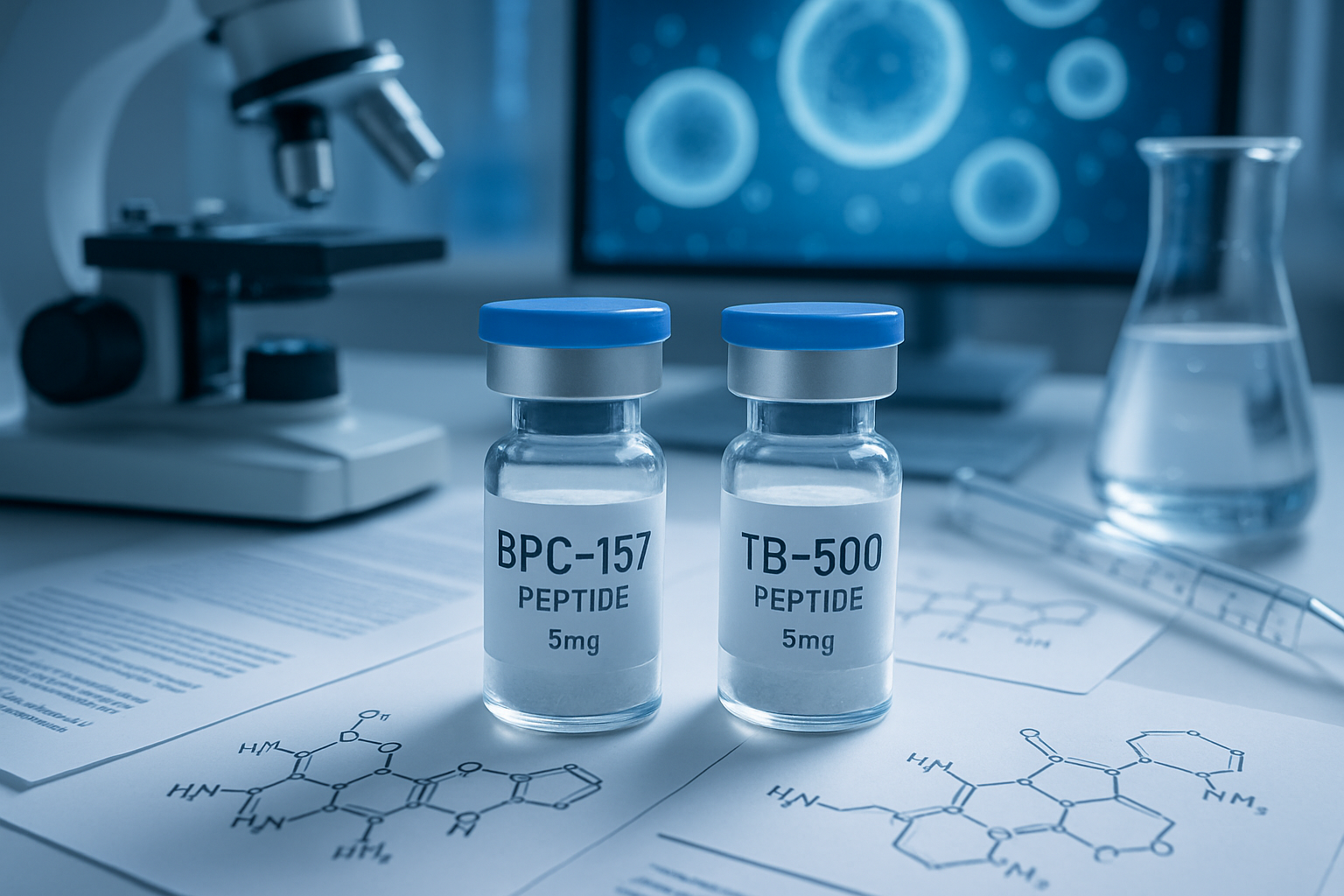 Scientific laboratory scene showing two peptide vials labeled BPC-157 and TB-500 on a clean white lab bench, surrounded by molecular structu