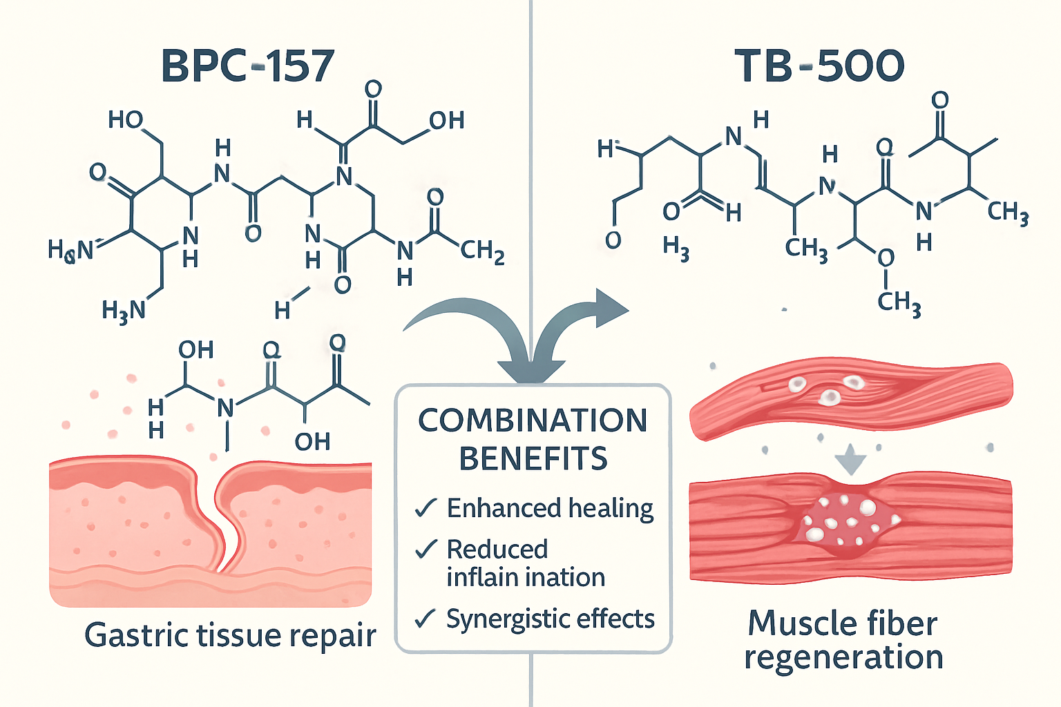 Split-screen comparison illustration showing BPC-157 molecular structure on left side with gastric tissue repair imagery, and TB-500 structu