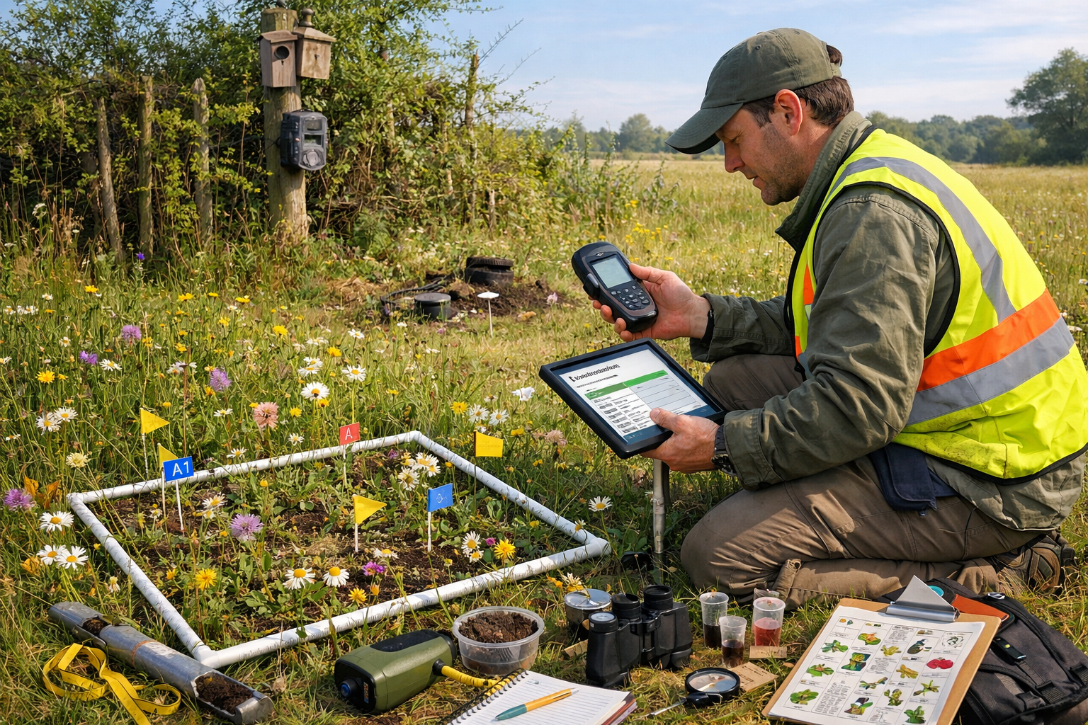 () detailed scene showing professional biodiversity surveyor in high-visibility vest kneeling in rewilded meadow habitat,