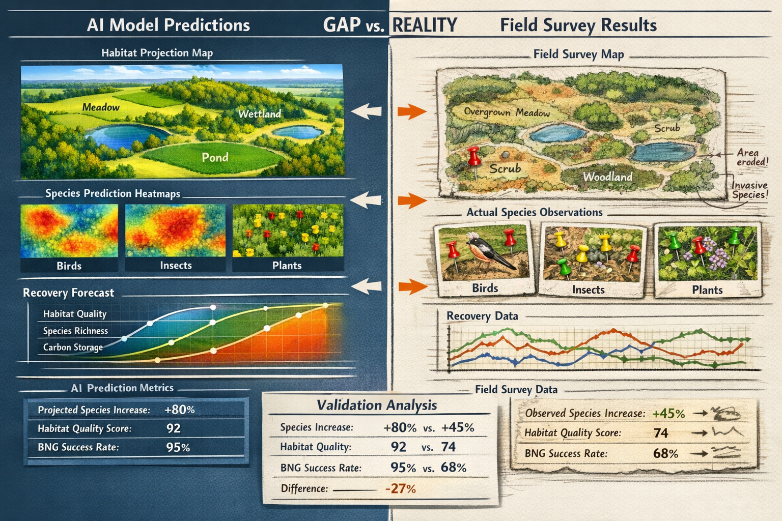 () comparative infographic visualization showing side-by-side contrast between AI prediction model outputs and actual field