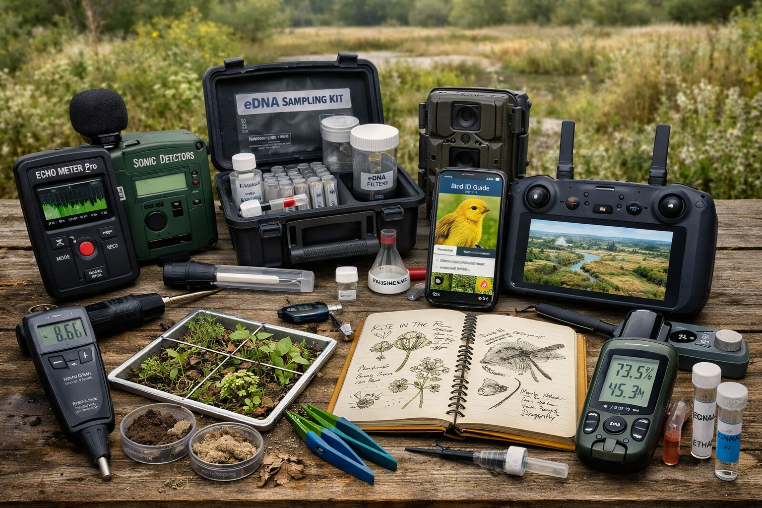 () detailed close-up composition showing collection of modern ecological monitoring tools and equipment laid out on