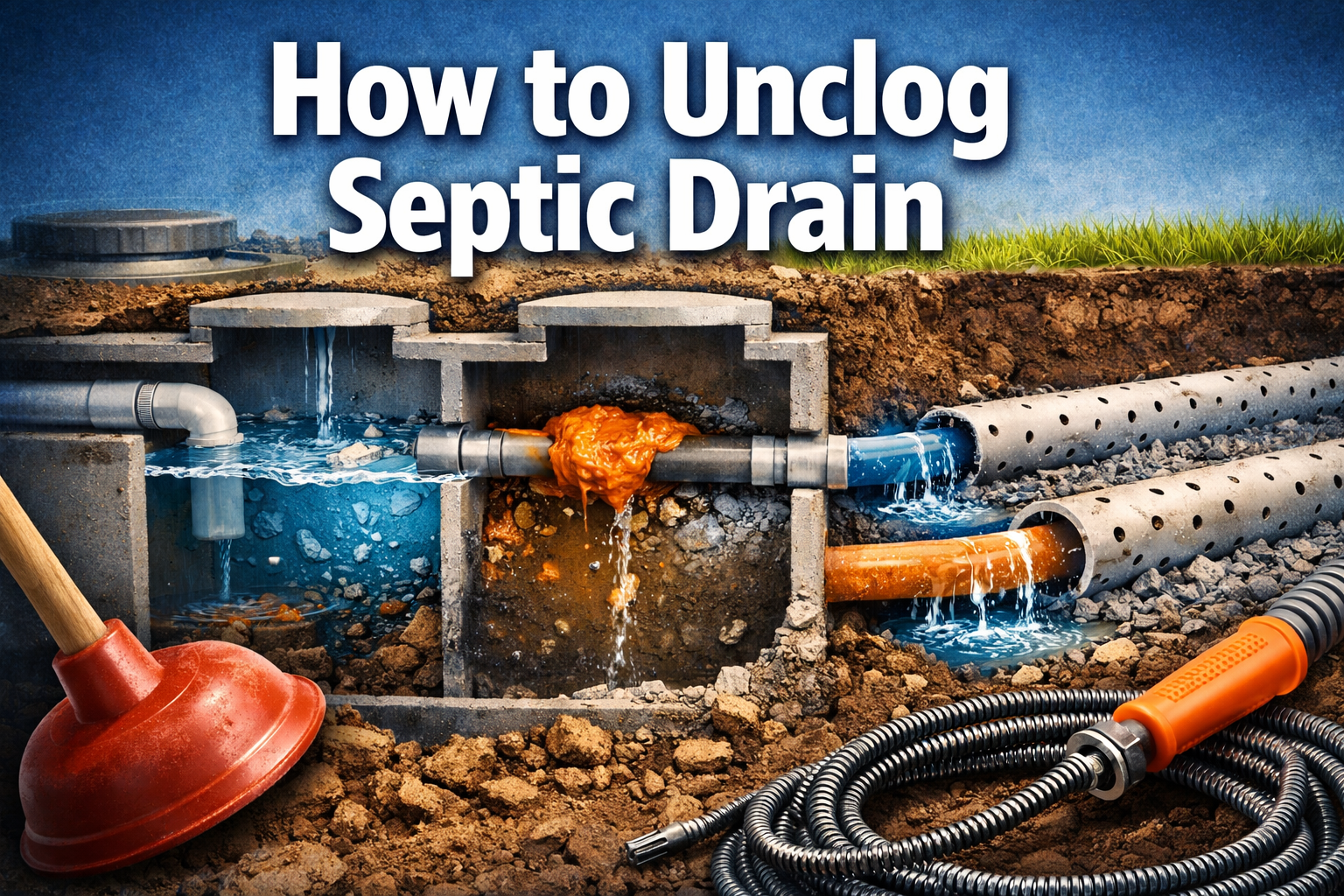 Professional landscape format (1536x1024) hero image featuring bold text overlay 'How to Unclog Septic Drain' in extra large 72pt white sans