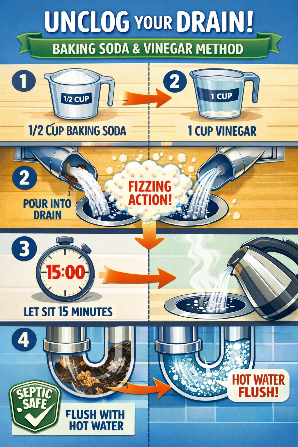 Portrait format (1024x1536) detailed illustration showing step-by-step drain unclogging process with baking soda and vinegar method. Split-s