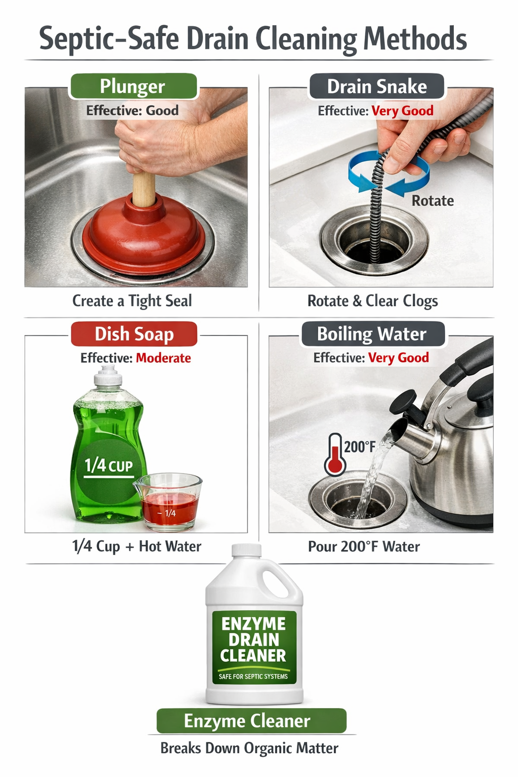 Portrait format (1024x1536) comprehensive visual guide displaying various septic-safe drain cleaning tools and methods. Organized grid layou