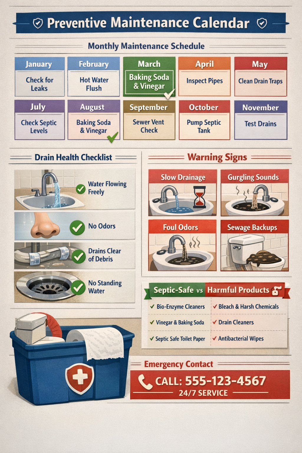 Portrait format (1024x1536) preventive maintenance calendar and warning signs infographic. Monthly maintenance schedule with baking soda/vin