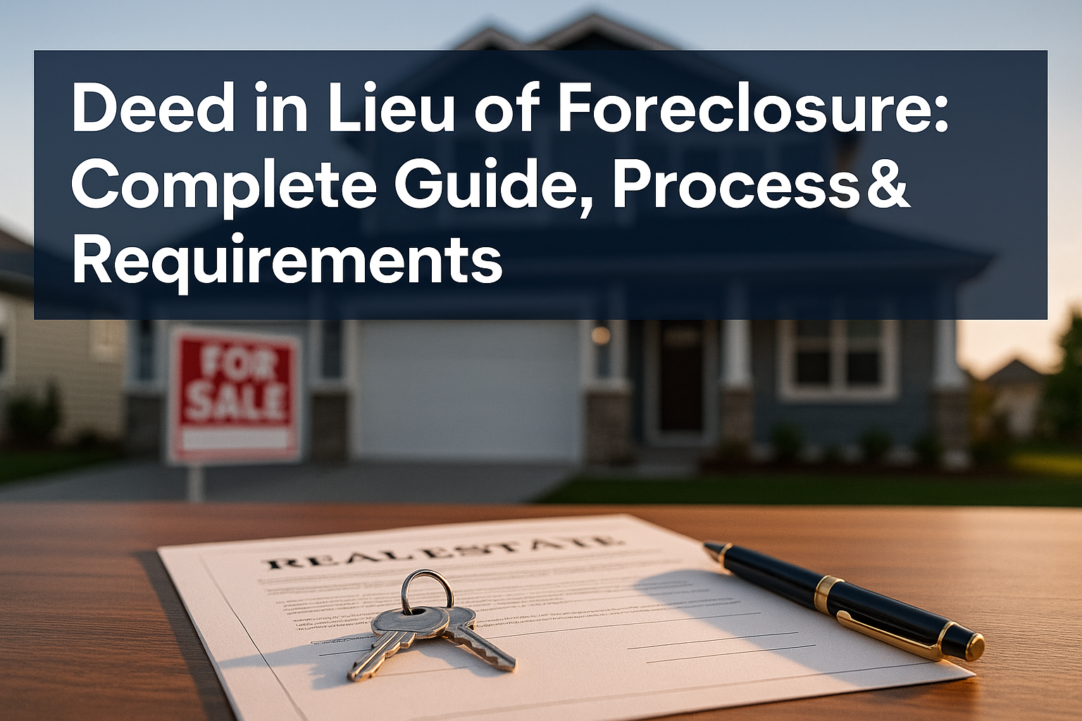 Professional landscape hero image (1536x1024) featuring bold text overlay 'Deed in Lieu of Foreclosure: Complete Guide, Process & Requiremen
