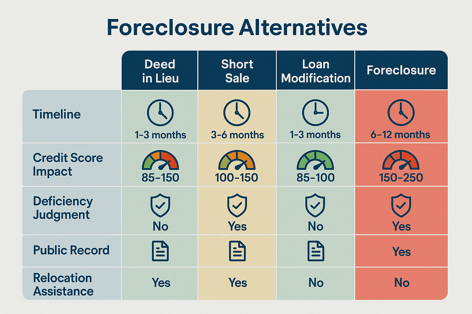 Comprehensive comparison table visualization (1536x1024) displaying side-by-side analysis of foreclosure alternatives: deed in lieu, short s