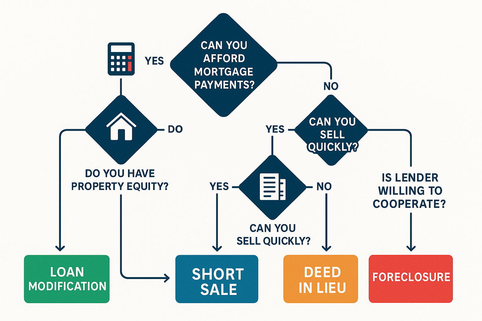 Decision tree flowchart graphic (1536x1024) illustrating homeowner's path to choosing best foreclosure alternative. Starts with central ques