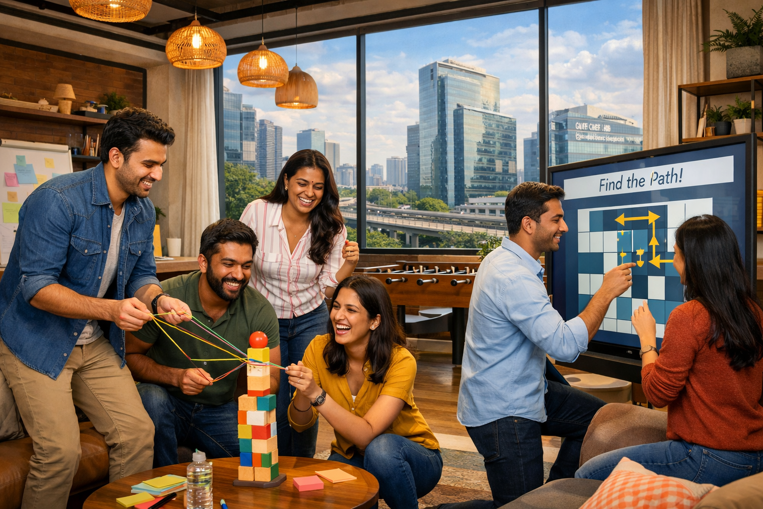 Detailed () image featuring a group of young professionals actively participating in an innovative team-building exercise