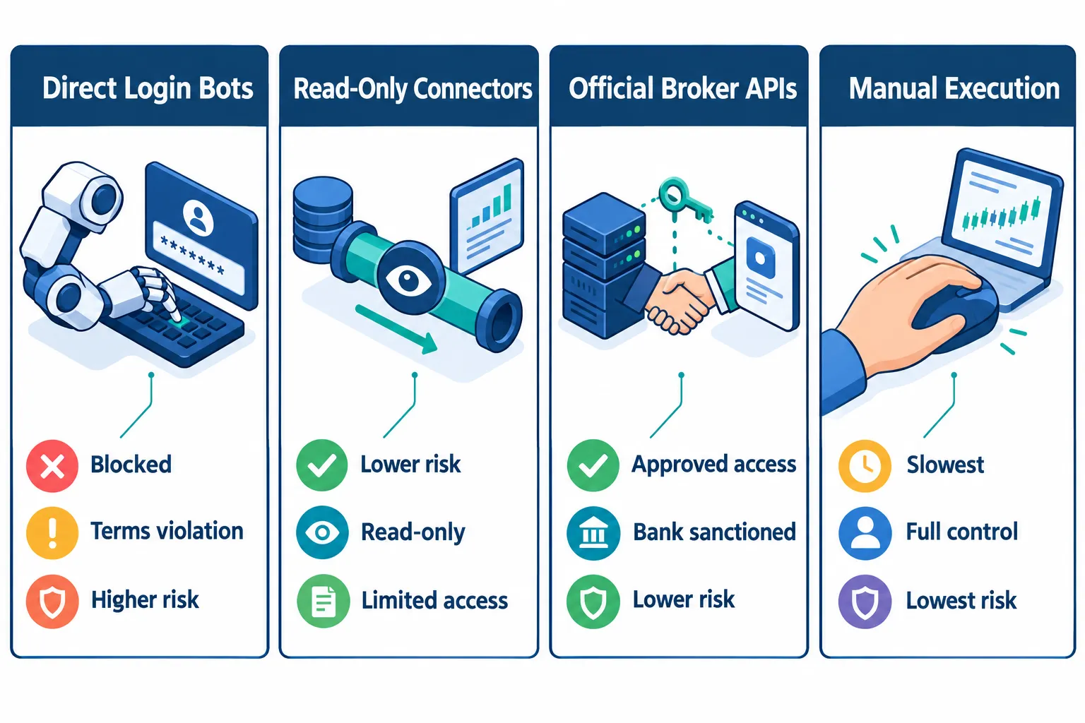 Four-panel comparison of direct login bots, read-only connectors, official broker APIs and manual execution for AI trading bot users