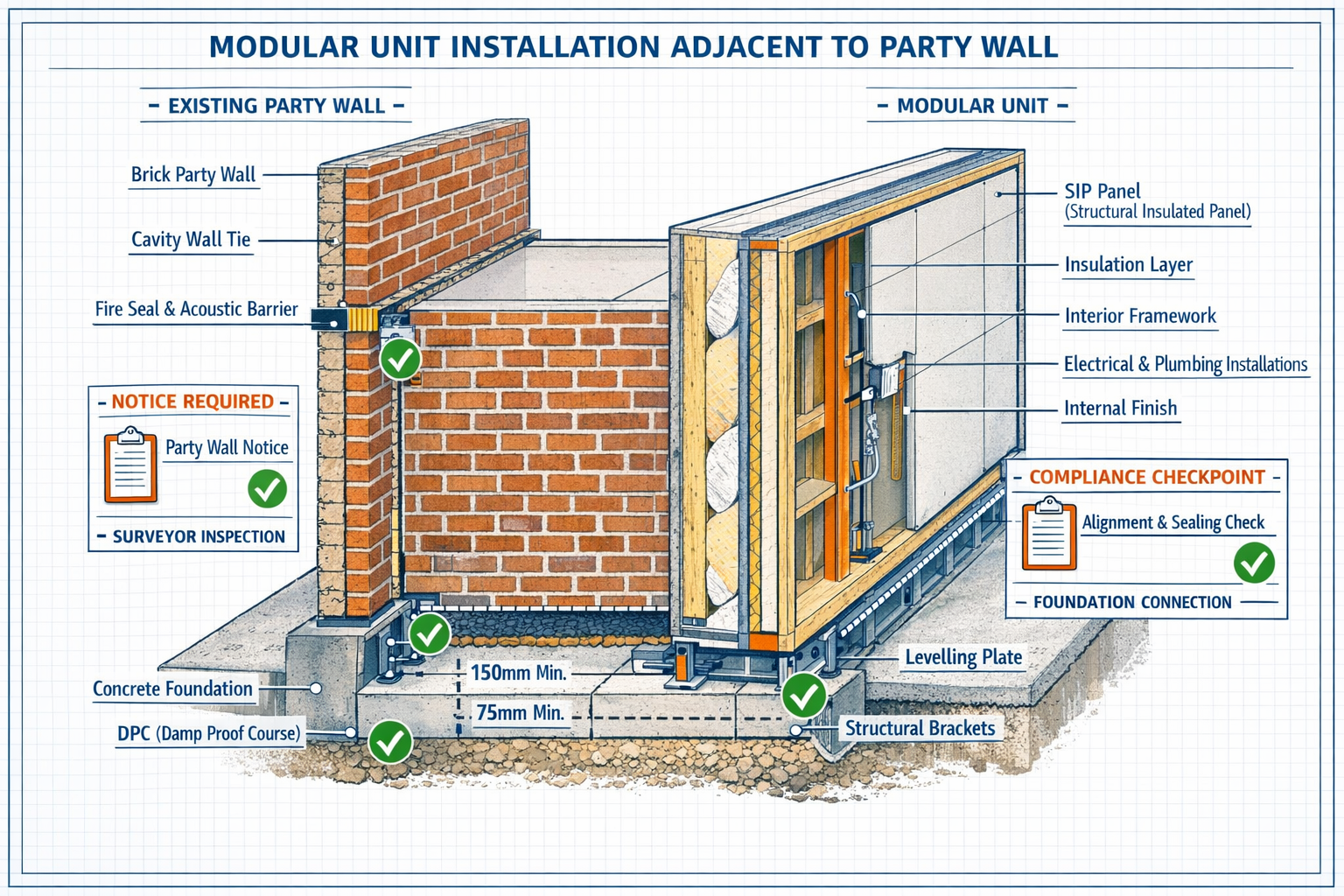 () detailed infographic illustration showing cross-section view of modular construction unit being installed adjacent to