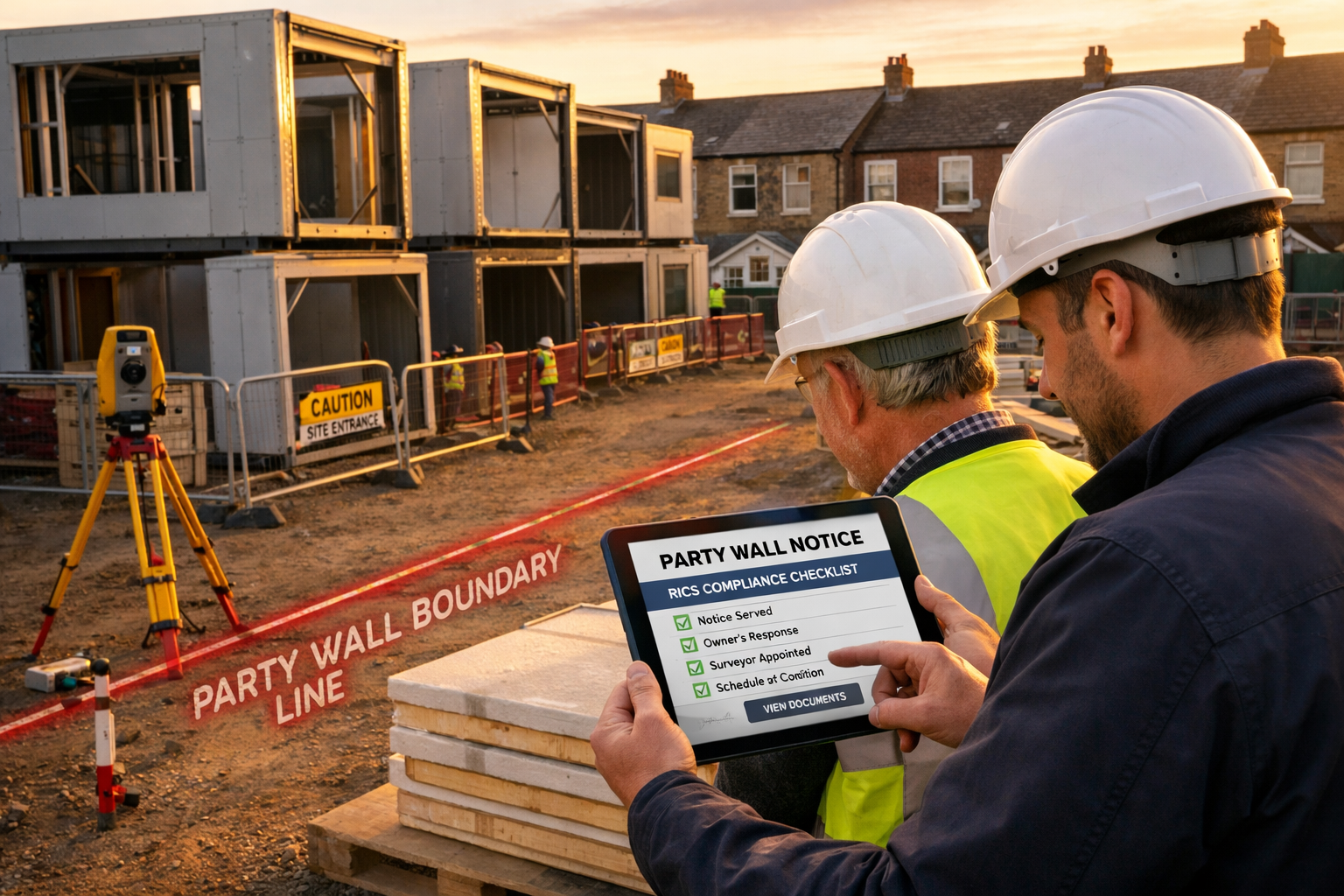 () photograph of construction professionals reviewing digital tablet displaying party wall notice documentation at active