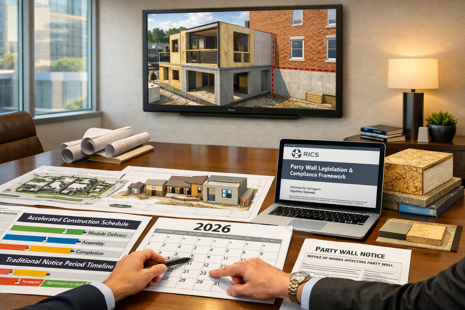 () modern office interior showing construction law consultation meeting focused on party wall compliance for offsite