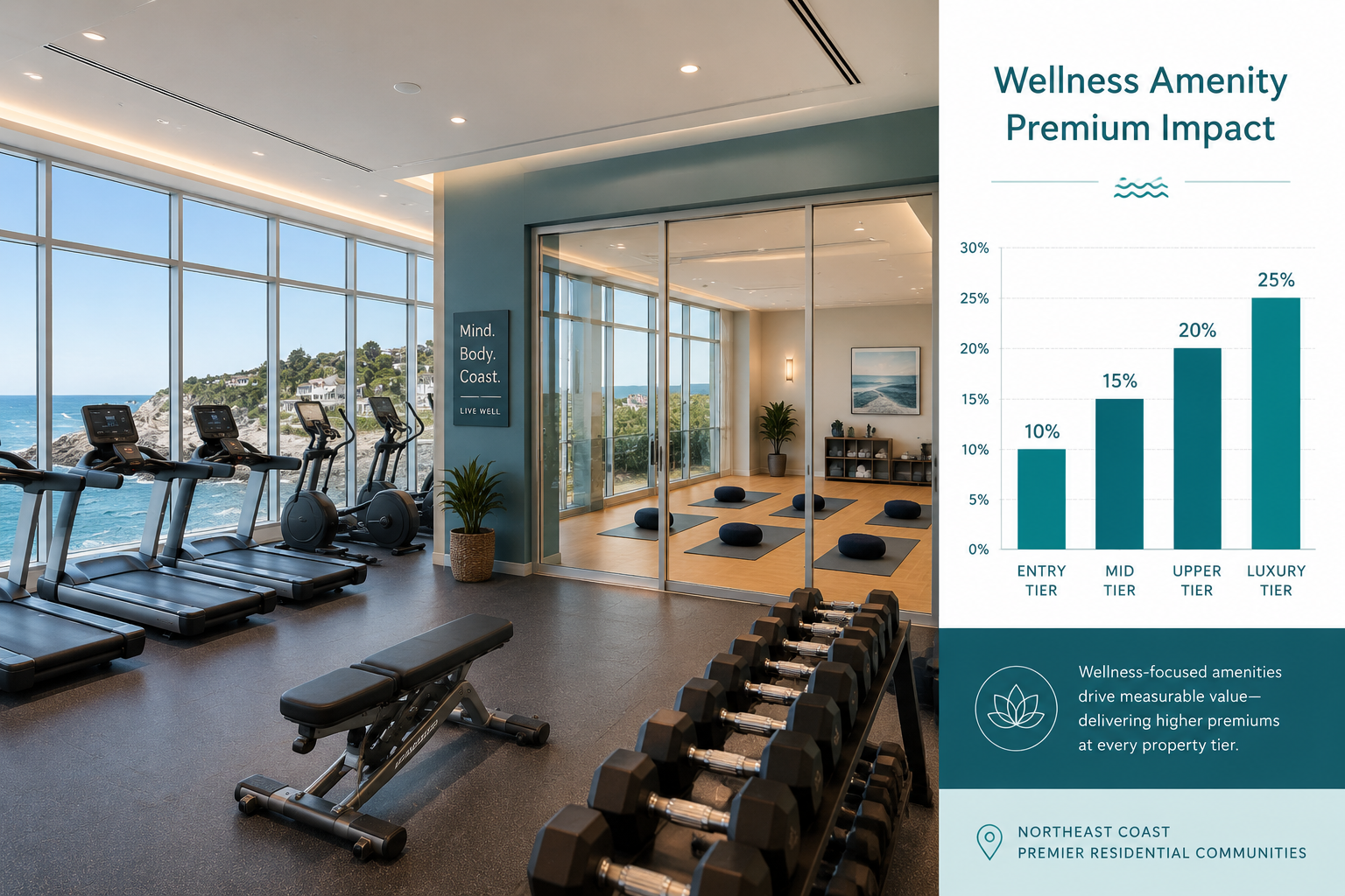 Wide-angle interior shot of a premium coastal residential fitness center with floor-to-ceiling ocean-view windows, high-end