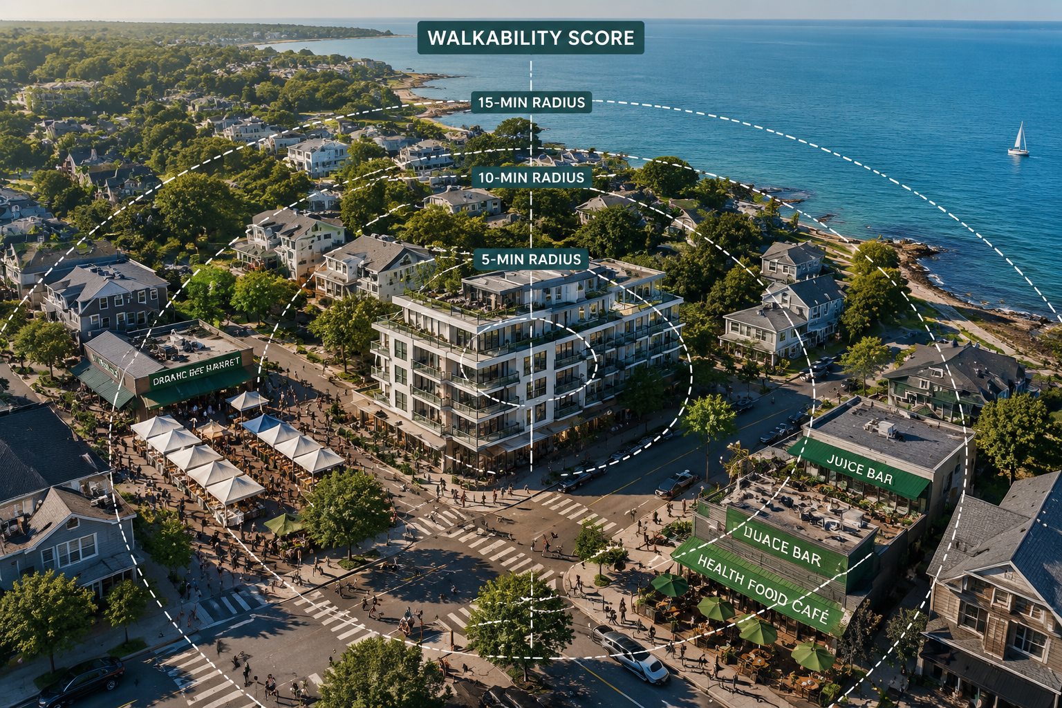 Aerial bird's-eye view of a walkable coastal neighborhood streetscape showing an organic farmers market, juice bar, and