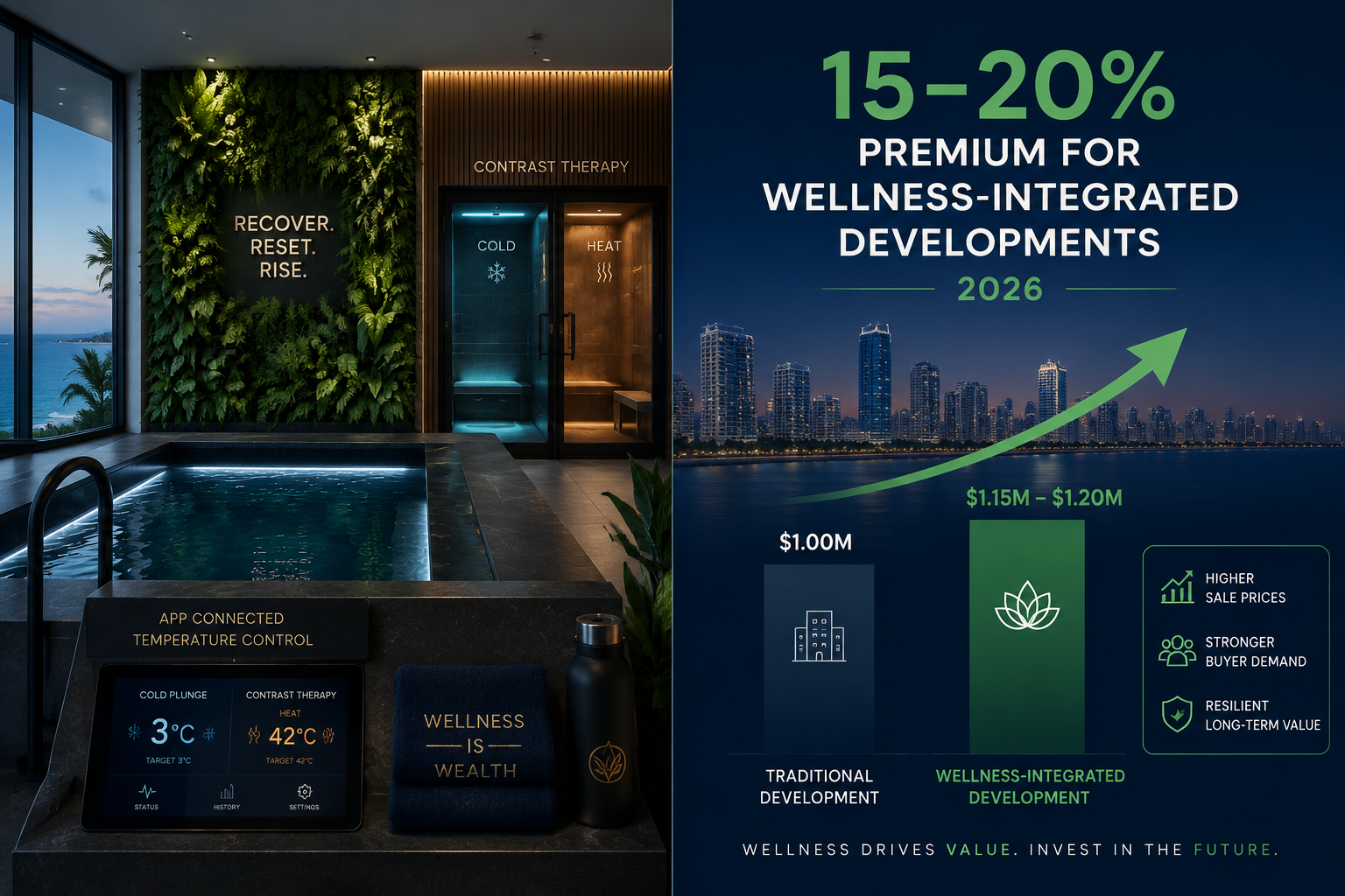 Split-screen editorial composite image: left half shows a sleek cold plunge pool and contrast therapy recovery suite with