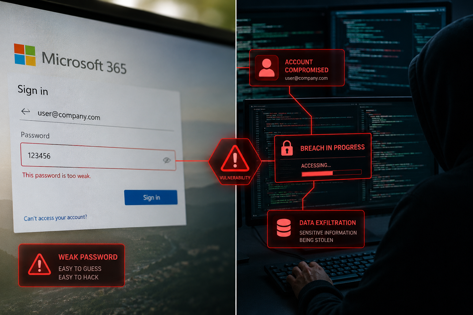 () image showing a split-screen comparison: left side displays Microsoft 365 login screen with weak password field, right