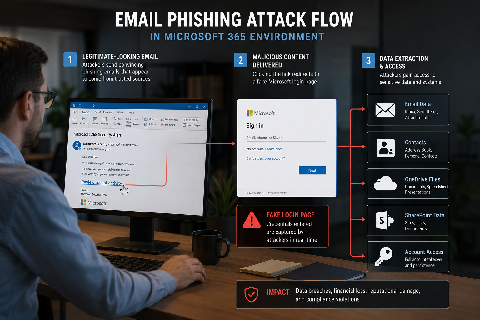 Detailed () visualization of email phishing attack flow in Microsoft 365 environment. Shows legitimate-looking email
